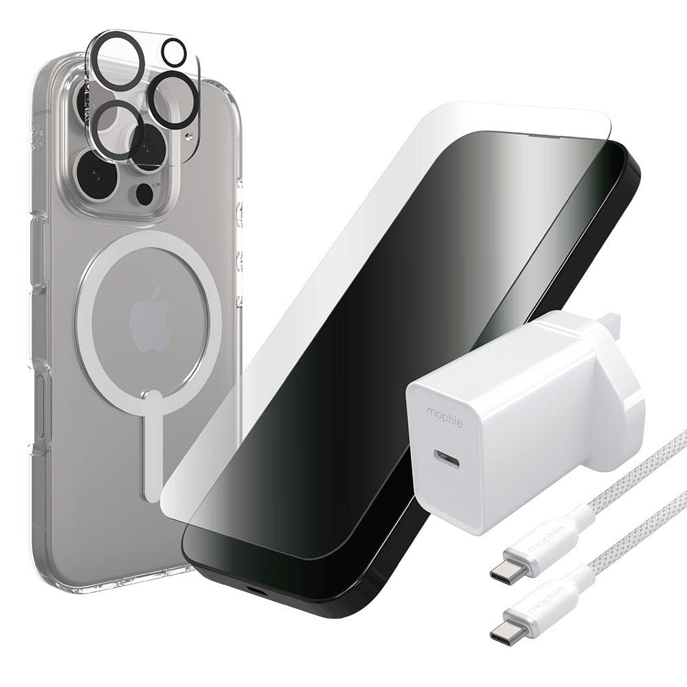 ZAGG Crystal Palace Snap Case with MagSafe, InvisibleShield Glass Elite Screen Protector and Camera Lens Protector, 20W USB-C PD Wall Charger, 2M USB-C to USB-C Fast Charge Cable for iPhone 16 Pro Max (ZAG BNDL SN/GE/CM iP16Pr)