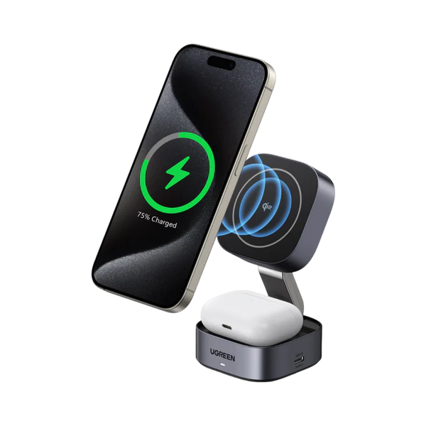 Ugreen W702 3in1 inductive charger with MagSafe / Qi2 and USB-C port for phone / headphones - black (W702-35316)