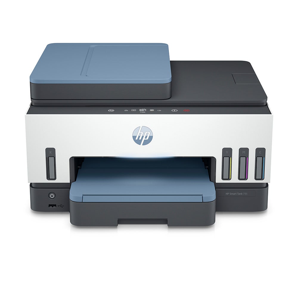 HP Smart Tank 795 All-in-One Ink Tank Printer wireless, Print, Scan, Copy, Fax, Auto Duplex Printing, Document Feeder, Print up to 18000 black or 8000 color pages, White/Blue [28B96A]