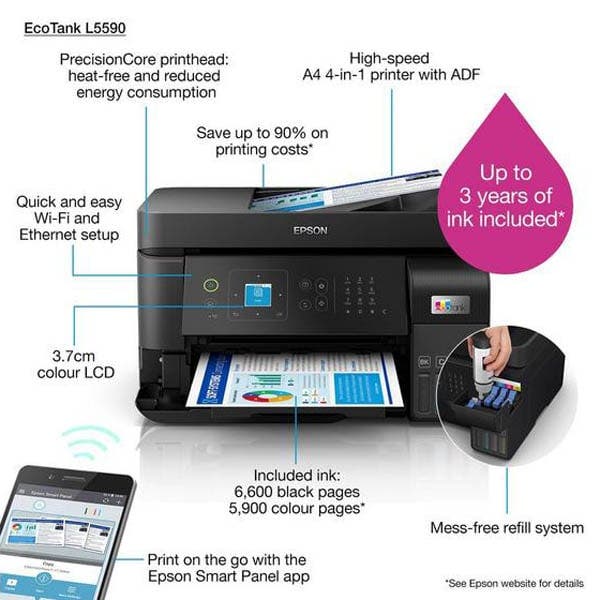 EPSON Home Ink Tank Printer, High-speed A4 colour 3-in-1 printer with Wi-Fi Direct - Black (EcoTank L5590) - Image 3