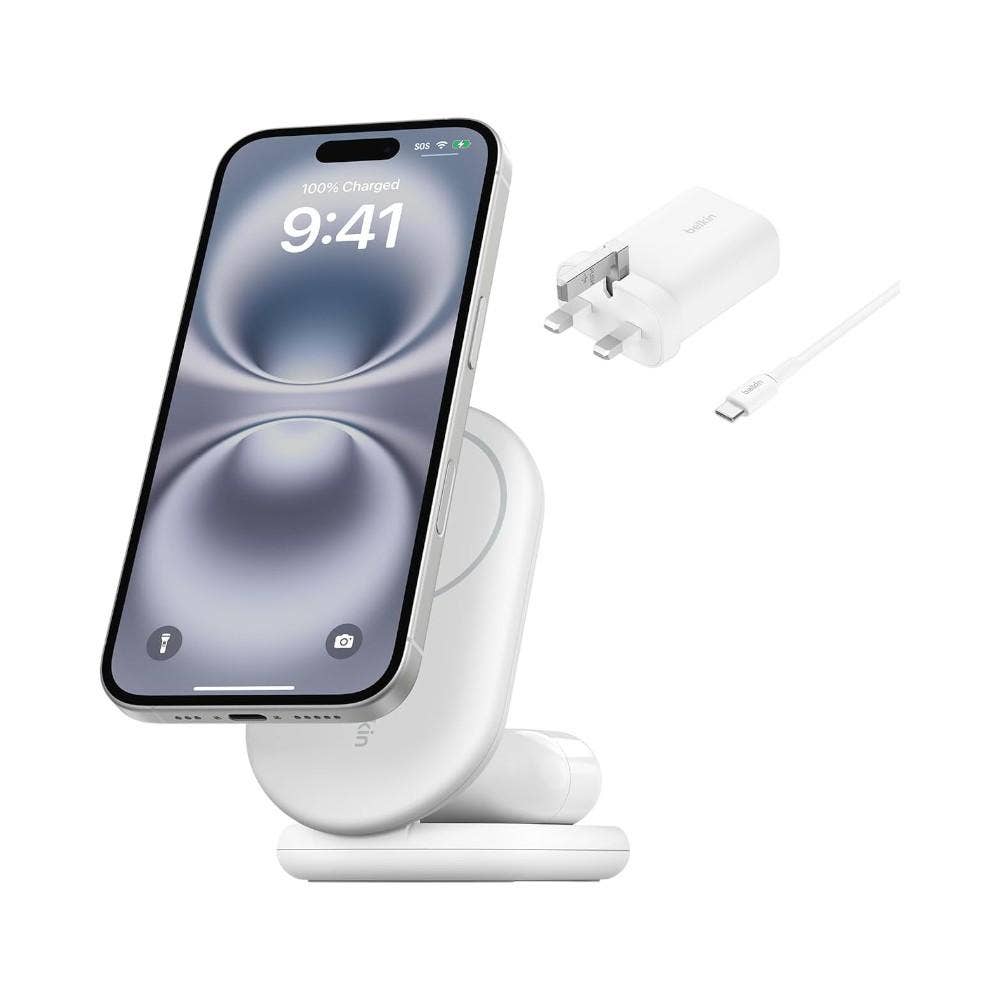 Belkin BoostCharge 2-in-1 magnetic foldable Qi2 charger 15W, MagSafe compatible wireless charger, fast charger for iPhone 16, 15, 14, 13, 12, charging station with non-slip base, PSU Included, White ( WIZ028myWH)