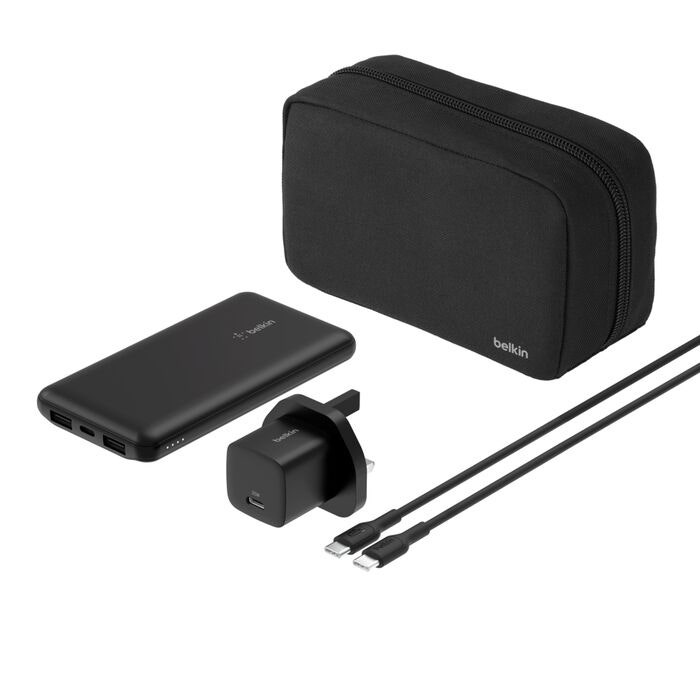 Belkin Travel Kit with 10,000 mAh Power Bank, 25 Watts Wall Charger and USB-C Cable - Black (BL-PB10K+AC25W-TRVL-KIT)