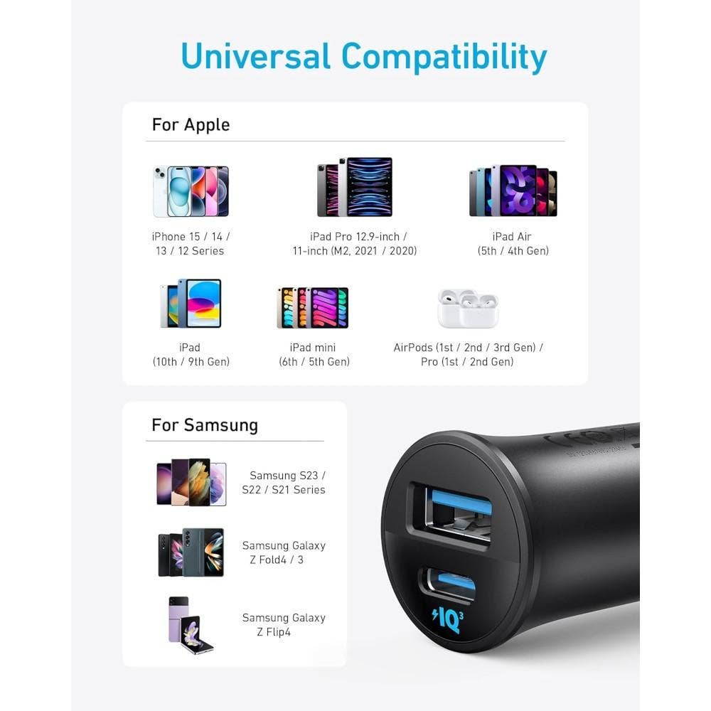Anker USB-C Car Charger, 30W 2-Port Type-C Car Adapter, iPhone Car Charger With PowerIQ 3.0, For iPhone 16/15/14/13/12 Series, Samsung Galaxy S23/S22/S21 Series, iPad Pro, AirPods, Huawei And More, Black ANK-A2741H11 - Image 5