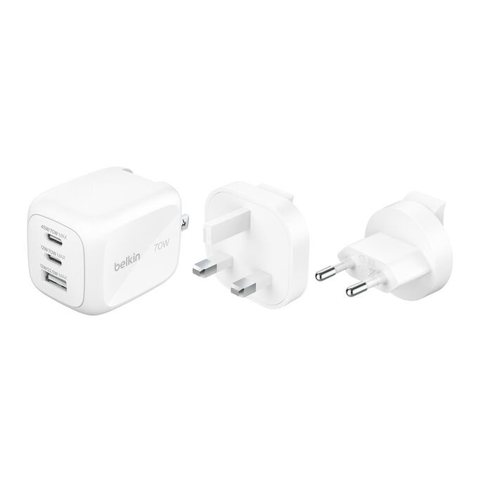 Belkin 3 PORT GAN Wall Charger with Interchangeable Plug Tips 70 Watts (US PLUG + UK&EU PLUG) - White (BL-AC-3PORT-70W-H018-WHT)