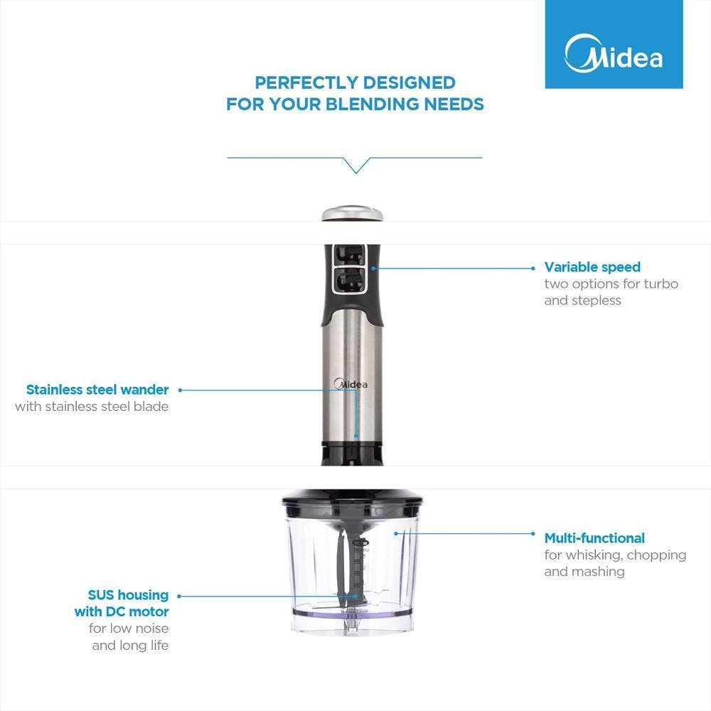 Midea 1000W Hand Blender With DC Motor, Stainless Steel Wander, Multi-functional For Whisking - Chopping - Mashing, Variable Speed For Turbo & Stepless, 1L Chopper Bowl, 600ml beaker, MJ-BH1001W - Image 5