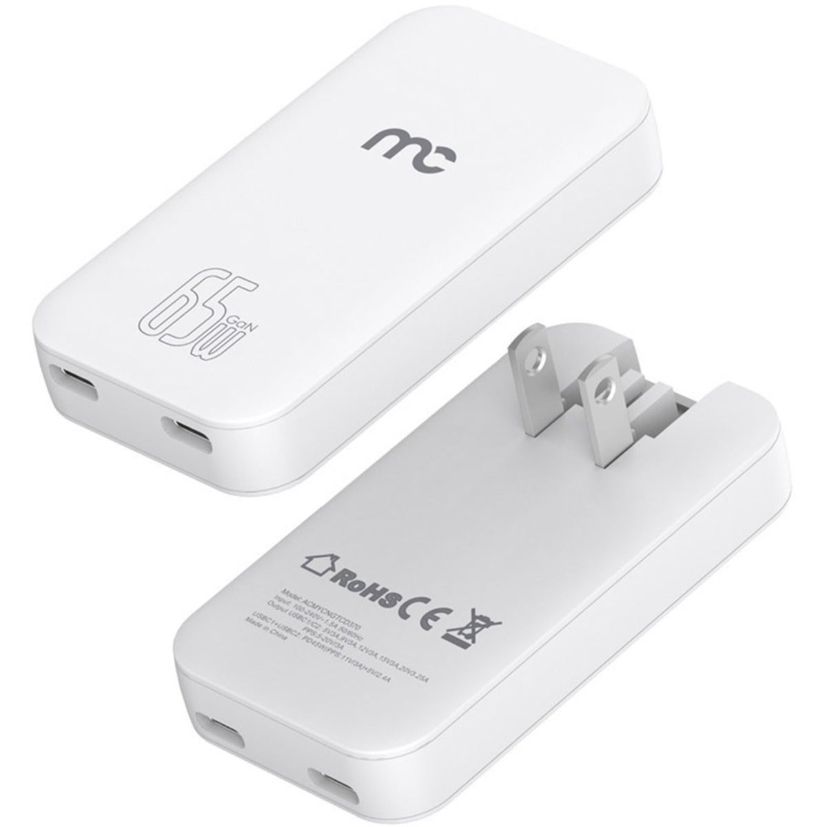 Mycandy GTC-D370 GAN Slim Travel Charger 65w Dual Type-C (ACMYCNGTCD370WHT)