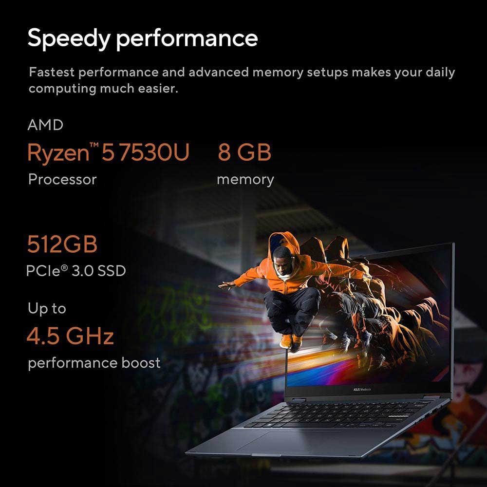 ASUS Vivobook S 14 Flip AMD Ryzen 5-7530U 8GB RAM 512GB SSD AMD Radeon Graphics 14" WUXGA Convertible Laptop - Quiet Blue (TN3402YA-LZ200W) - Image 4