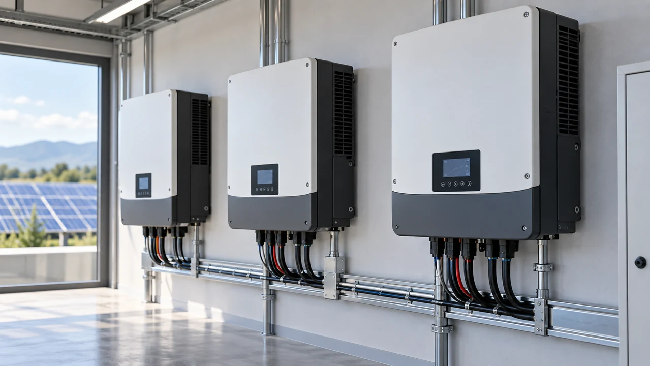 Modern wall-mounted solar inverters in a clean equipment room