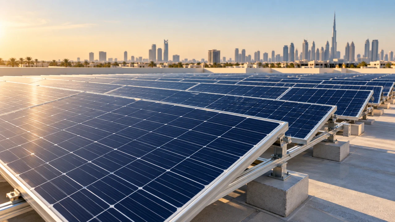 Modern photovoltaic panels on a UAE commercial rooftop